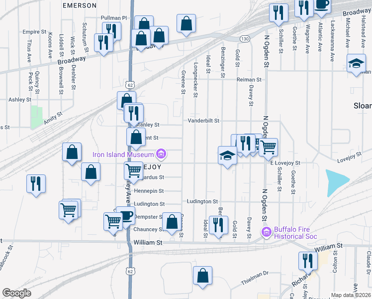 map of restaurants, bars, coffee shops, grocery stores, and more near 209 Greene Street in Buffalo