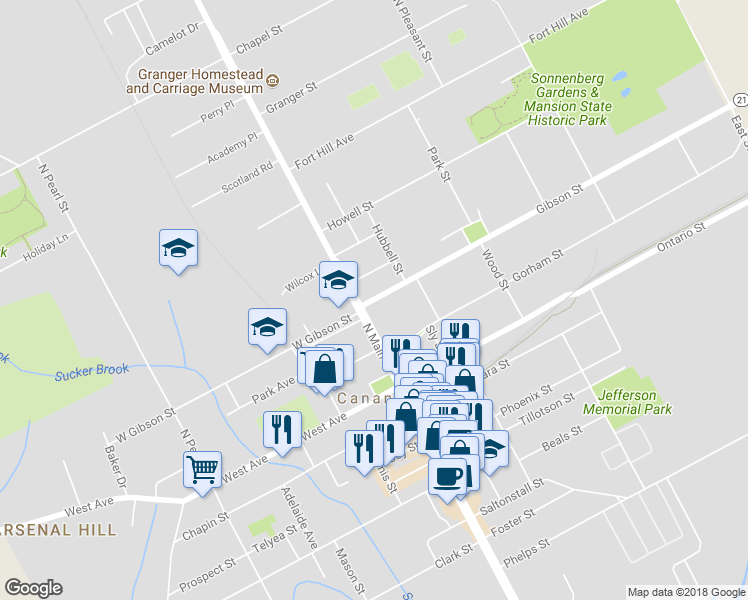 map of restaurants, bars, coffee shops, grocery stores, and more near 13 East Gibson Street in Canandaigua