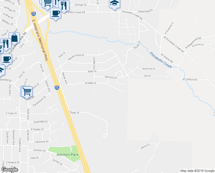 map of restaurants, bars, coffee shops, grocery stores, and more near 2021 Ardella Drive in Pocatello