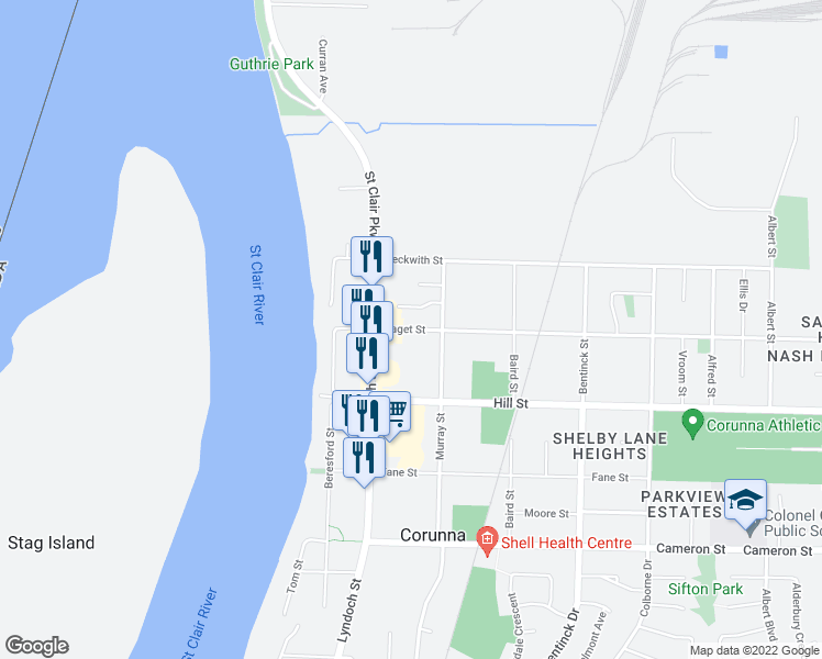 map of restaurants, bars, coffee shops, grocery stores, and more near 204 Paget Street in Corunna
