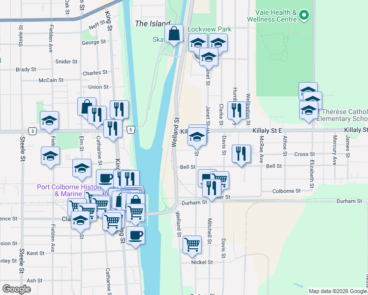 map of restaurants, bars, coffee shops, grocery stores, and more near 98 Saint Arnaud Street in Port Colborne