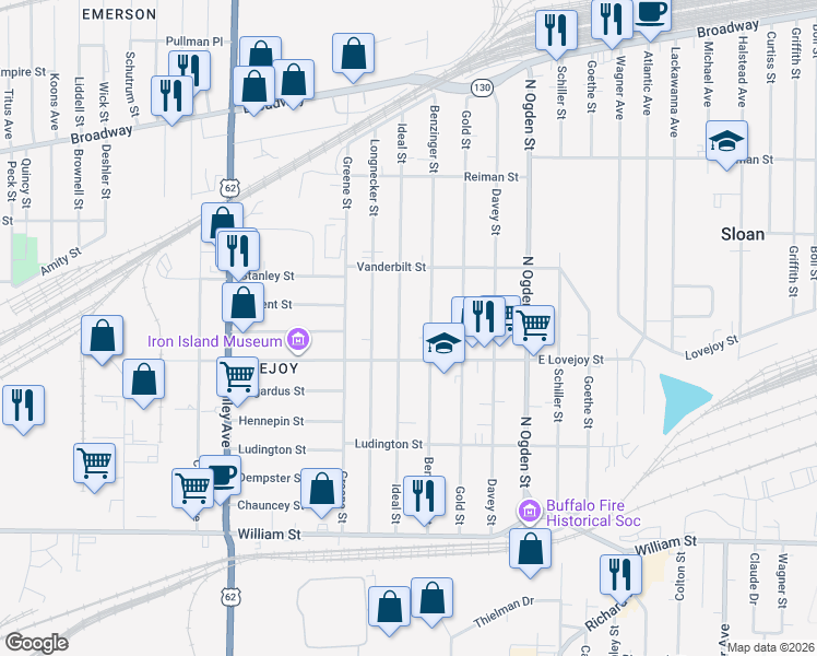 map of restaurants, bars, coffee shops, grocery stores, and more near 225 Ideal Street in Buffalo