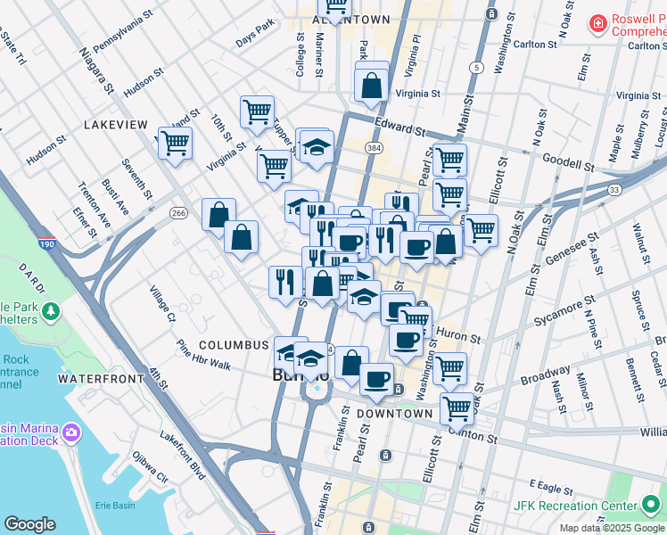 map of restaurants, bars, coffee shops, grocery stores, and more near 250 Delaware Avenue in Buffalo