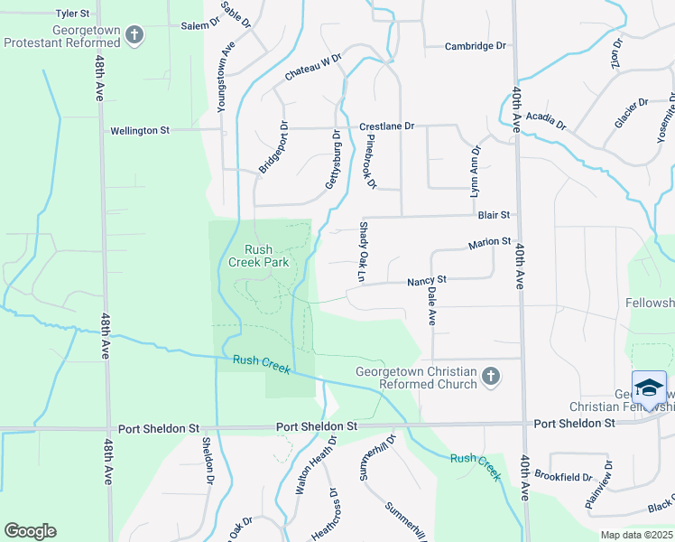 map of restaurants, bars, coffee shops, grocery stores, and more near 4338 Shady Oak Court in Hudsonville