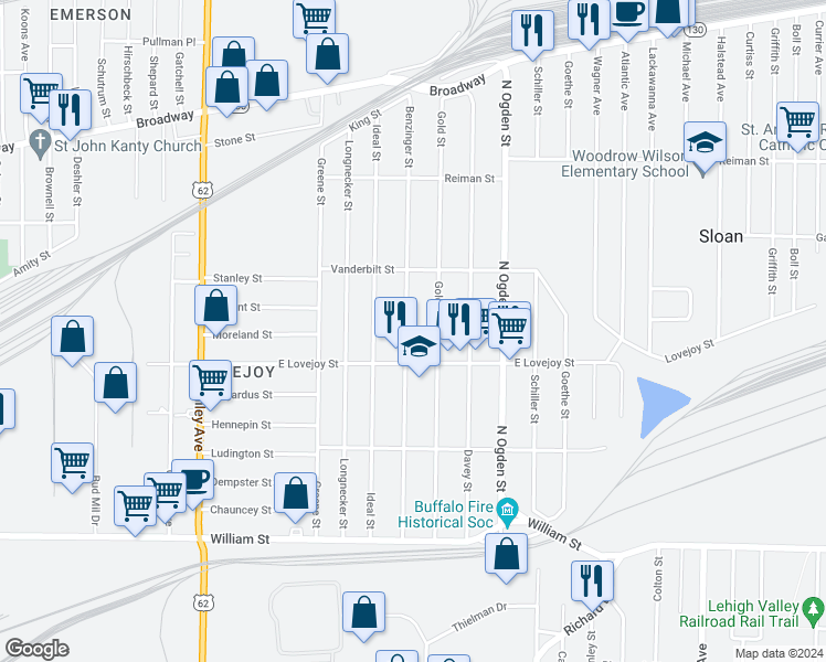 map of restaurants, bars, coffee shops, grocery stores, and more near 213 Benzinger Street in Buffalo