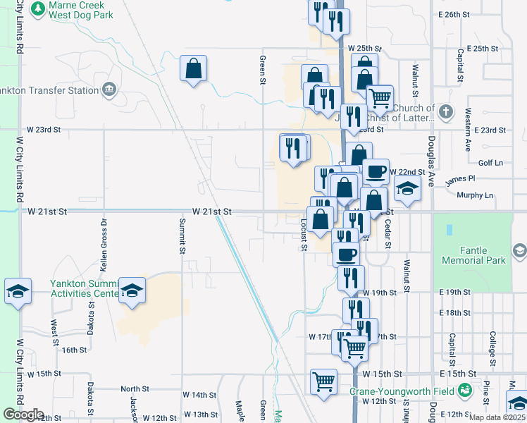 map of restaurants, bars, coffee shops, grocery stores, and more near 701 West 21st Street in Yankton
