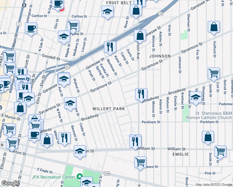 map of restaurants, bars, coffee shops, grocery stores, and more near 490 Broadway in Buffalo
