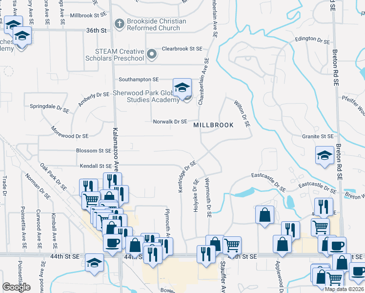 map of restaurants, bars, coffee shops, grocery stores, and more near 1843 Weymouth Drive Southeast in Grand Rapids