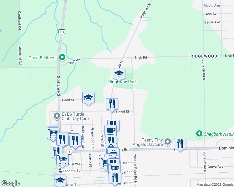 map of restaurants, bars, coffee shops, grocery stores, and more near 605 Ridge Road North in Fort Erie