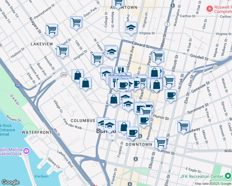 map of restaurants, bars, coffee shops, grocery stores, and more near 250 Delaware Avenue in Buffalo