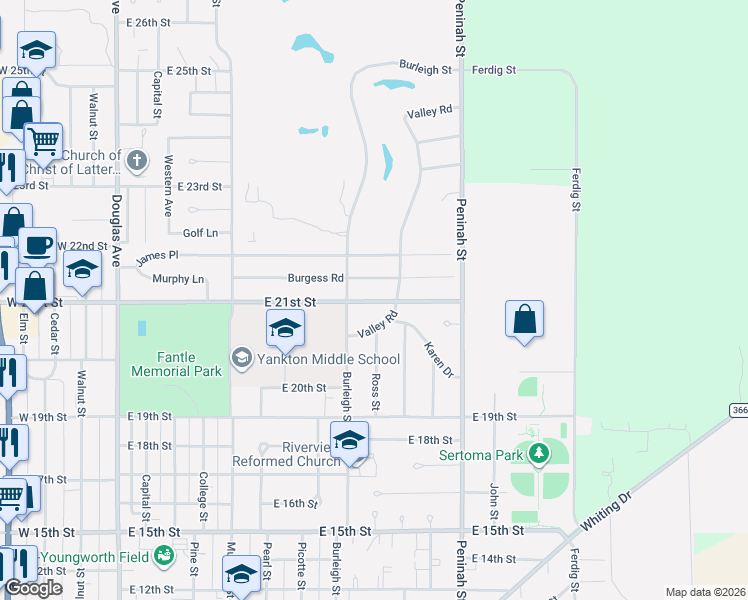 map of restaurants, bars, coffee shops, grocery stores, and more near 706 East 21st Street in Yankton