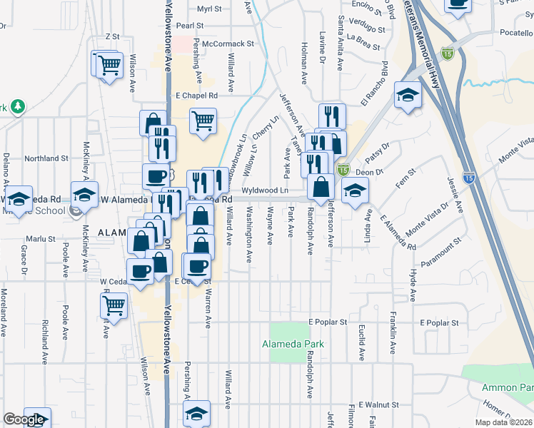 map of restaurants, bars, coffee shops, grocery stores, and more near 861 Wayne Avenue in Pocatello