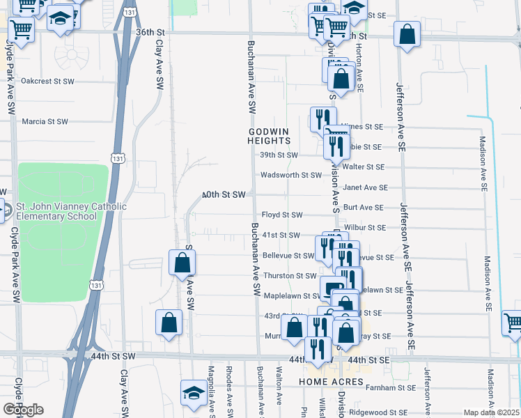 map of restaurants, bars, coffee shops, grocery stores, and more near 146 40th Street Southwest in Grand Rapids
