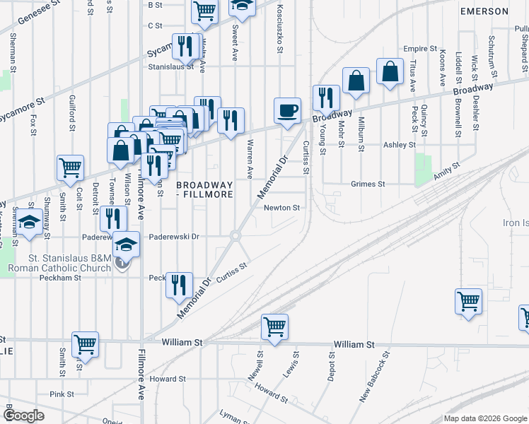 map of restaurants, bars, coffee shops, grocery stores, and more near 11 Warren Avenue in Buffalo