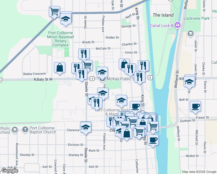 map of restaurants, bars, coffee shops, grocery stores, and more near in Port Colborne