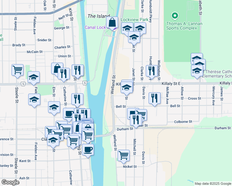 map of restaurants, bars, coffee shops, grocery stores, and more near 86 Saint Arnaud Street in Port Colborne