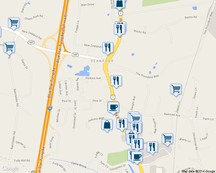 map of restaurants, bars, coffee shops, grocery stores, and more near 10 Smalls Avenue in Seabrook