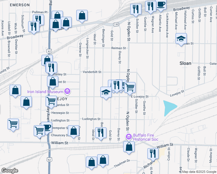 map of restaurants, bars, coffee shops, grocery stores, and more near 224 Gold Street in Buffalo