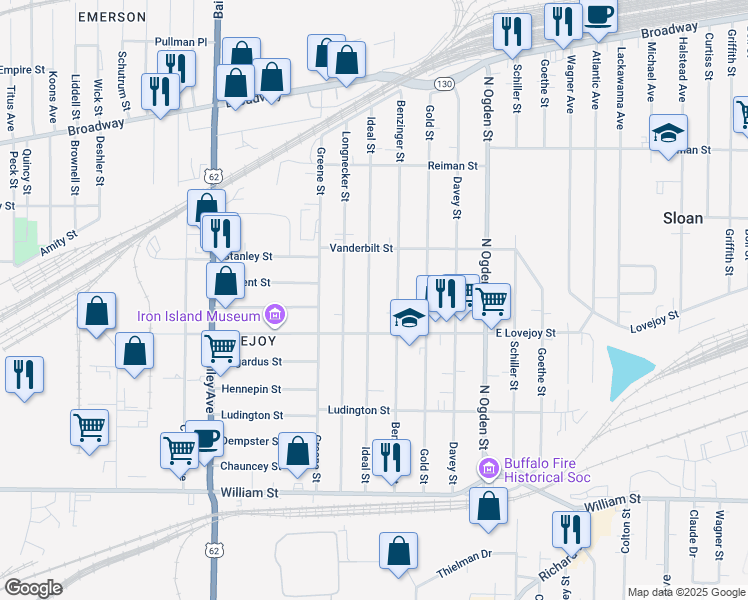 map of restaurants, bars, coffee shops, grocery stores, and more near 225 Ideal Street in Buffalo