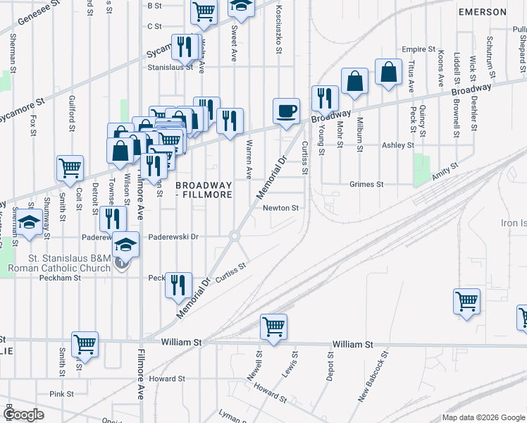 map of restaurants, bars, coffee shops, grocery stores, and more near 11 Warren Avenue in Buffalo