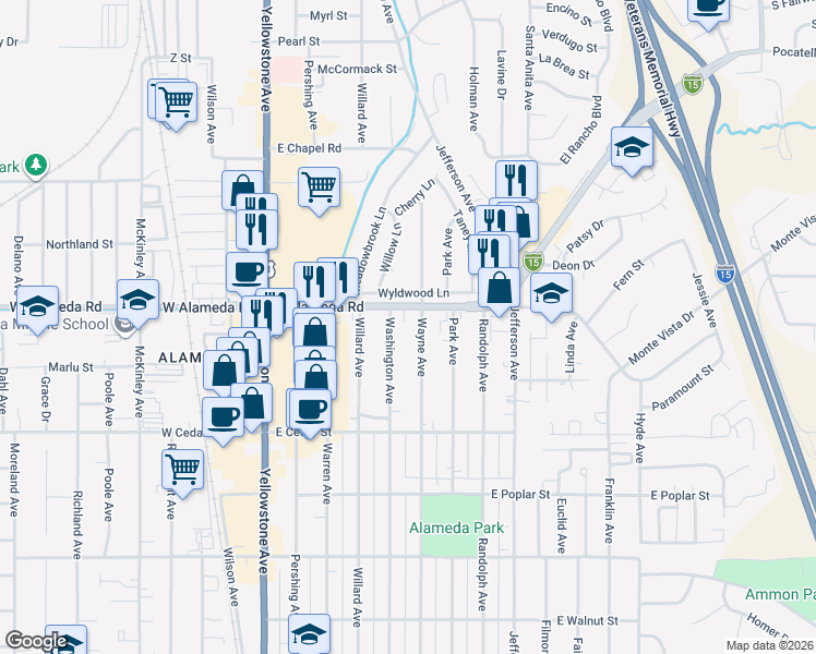 map of restaurants, bars, coffee shops, grocery stores, and more near 864 Washington Avenue in Pocatello