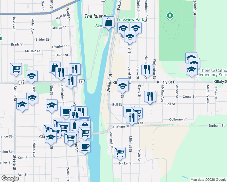 map of restaurants, bars, coffee shops, grocery stores, and more near 86 Saint Arnaud Street in Port Colborne