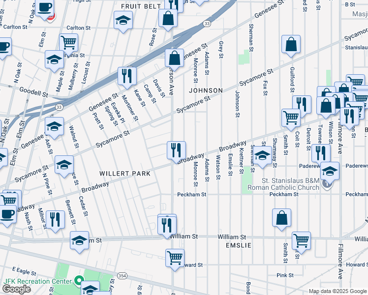 map of restaurants, bars, coffee shops, grocery stores, and more near 580 Orchard Park Road in Buffalo