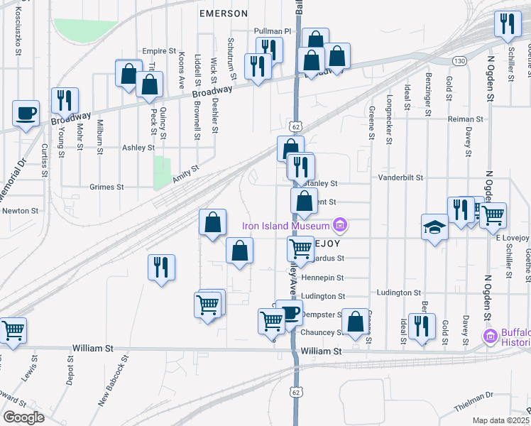 map of restaurants, bars, coffee shops, grocery stores, and more near 224 Central Avenue in Buffalo