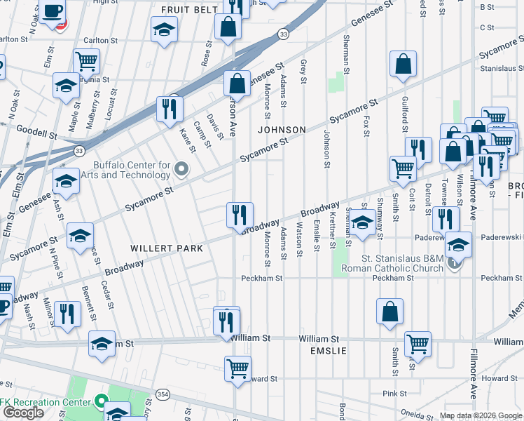 map of restaurants, bars, coffee shops, grocery stores, and more near 388 Monroe Street in Buffalo