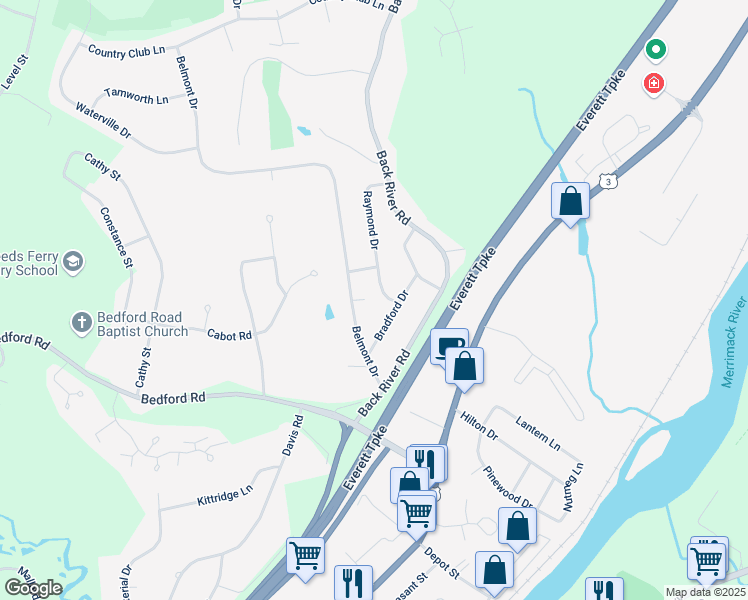 map of restaurants, bars, coffee shops, grocery stores, and more near 4 Raymond Drive in Merrimack