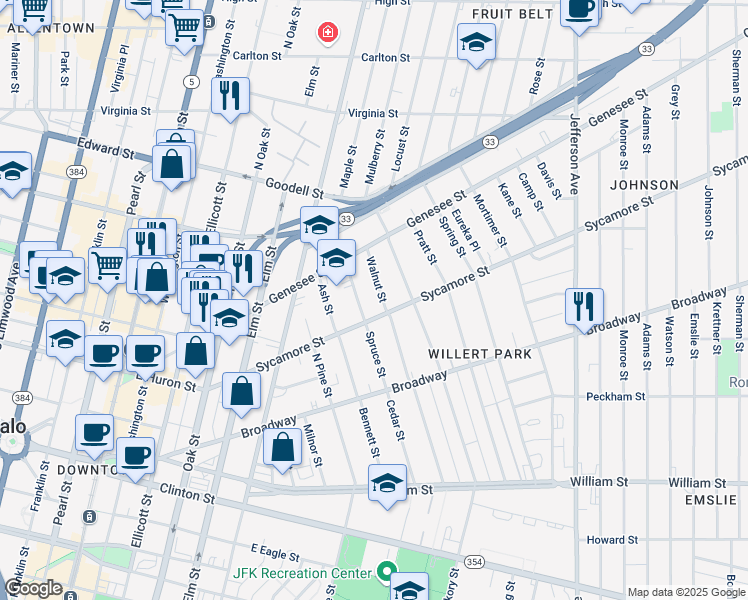 map of restaurants, bars, coffee shops, grocery stores, and more near 352 Walnut Street in Buffalo