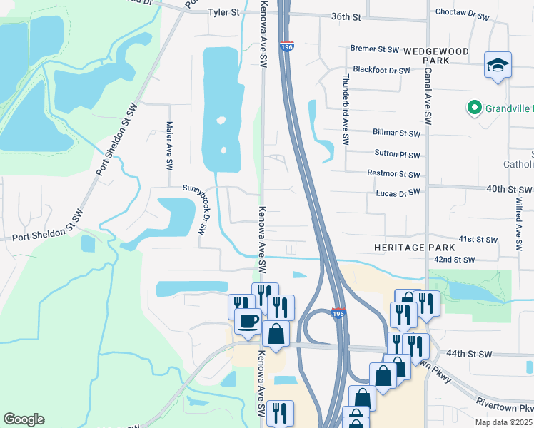 map of restaurants, bars, coffee shops, grocery stores, and more near 4798 Brookside Drive Southwest in Grandville