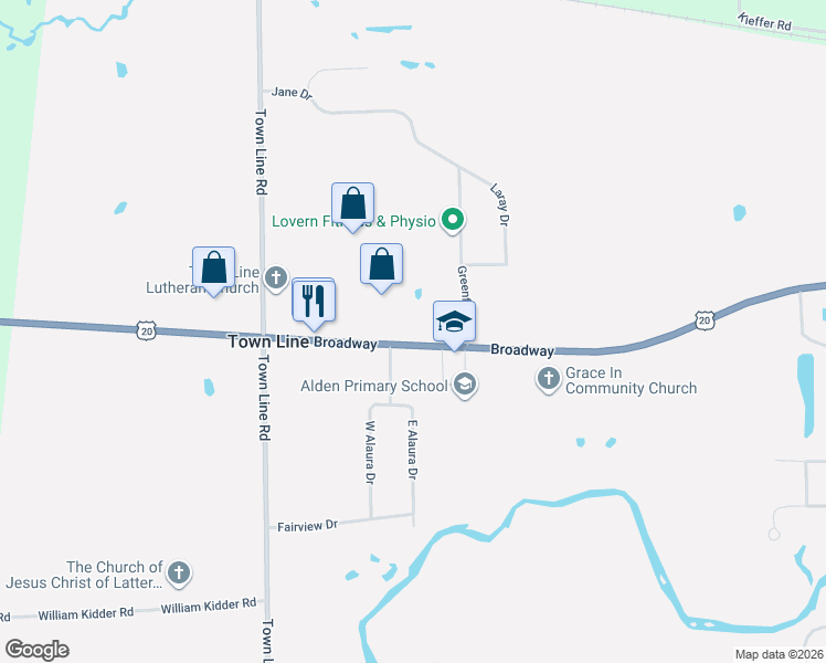map of restaurants, bars, coffee shops, grocery stores, and more near 11162 Broadway in Alden