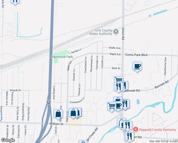map of restaurants, bars, coffee shops, grocery stores, and more near 49 Rosemead Lane in Buffalo