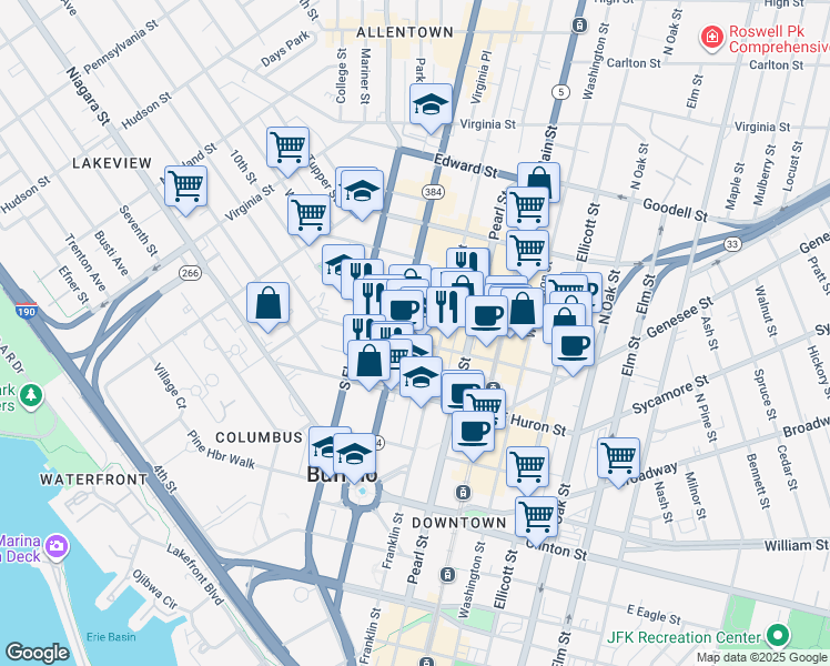 map of restaurants, bars, coffee shops, grocery stores, and more near 83 West Chippewa Street in Buffalo