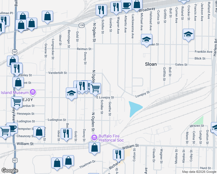 map of restaurants, bars, coffee shops, grocery stores, and more near 199 Goethe Street in Buffalo