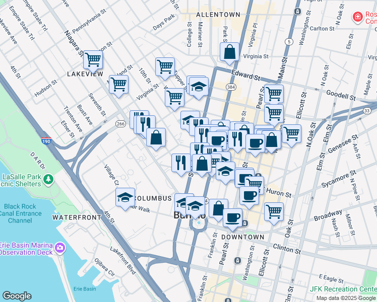 map of restaurants, bars, coffee shops, grocery stores, and more near 166 West Chippewa Street in Buffalo