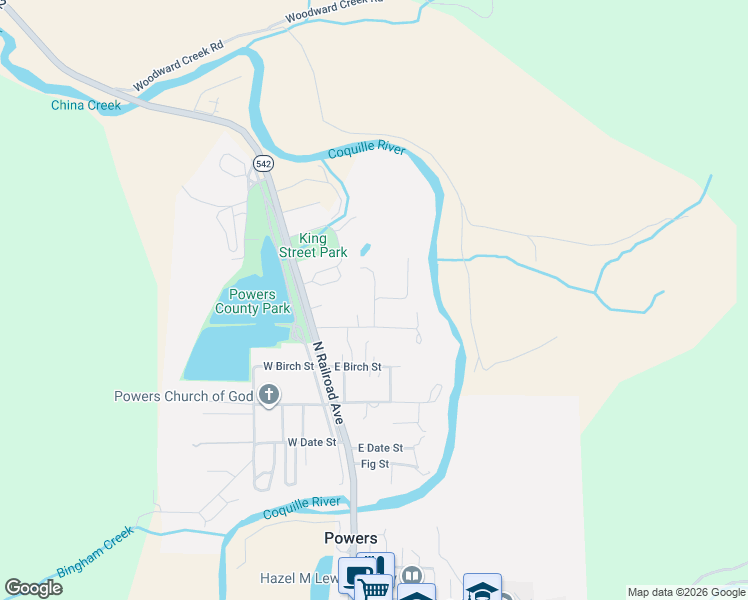map of restaurants, bars, coffee shops, grocery stores, and more near Whobrey Street in Powers