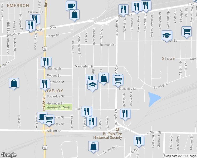 map of restaurants, bars, coffee shops, grocery stores, and more near 224 Gold Street in Buffalo