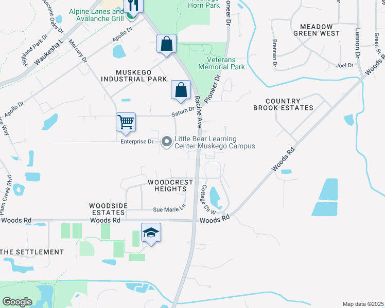 map of restaurants, bars, coffee shops, grocery stores, and more near W182S8471 Racine Avenue in Muskego