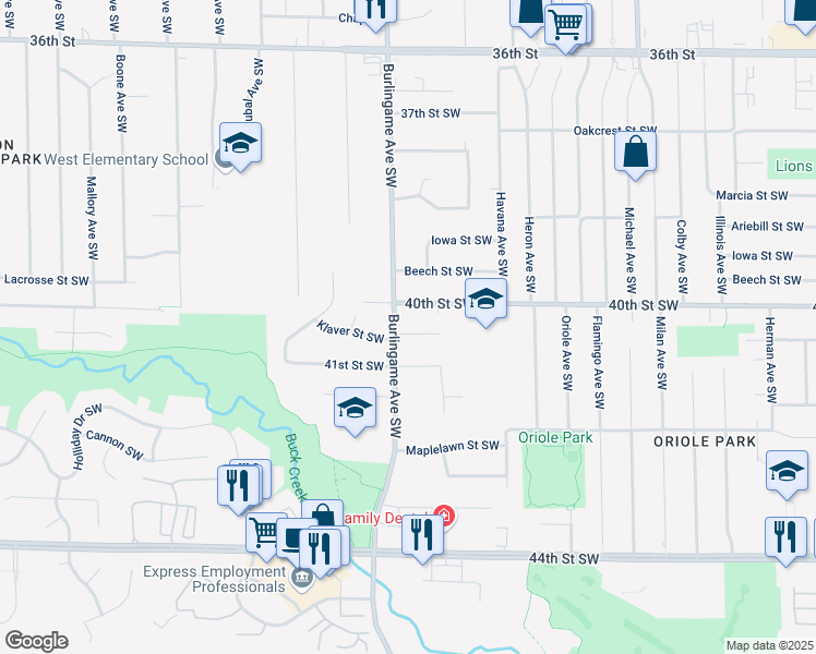 map of restaurants, bars, coffee shops, grocery stores, and more near 1577 Floyd Street Southwest in Wyoming