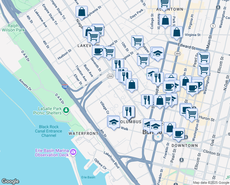 map of restaurants, bars, coffee shops, grocery stores, and more near 170 7th St in Buffalo