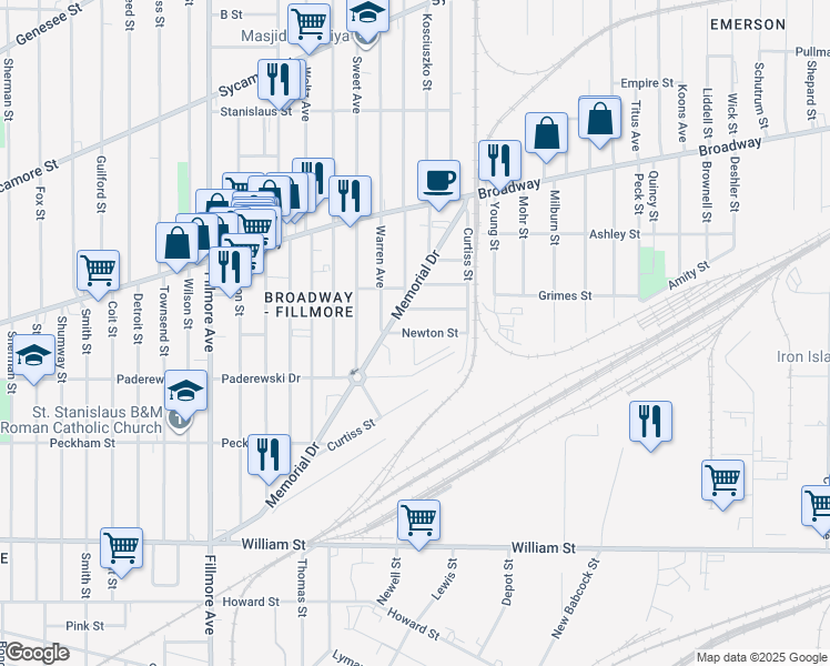 map of restaurants, bars, coffee shops, grocery stores, and more near 24 Newton Street in Buffalo