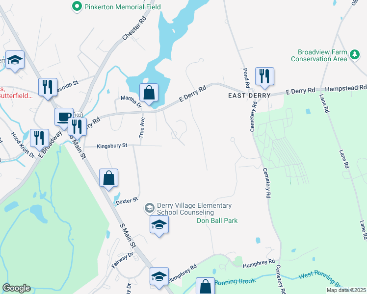 map of restaurants, bars, coffee shops, grocery stores, and more near 10 Pine Isle Drive in Derry