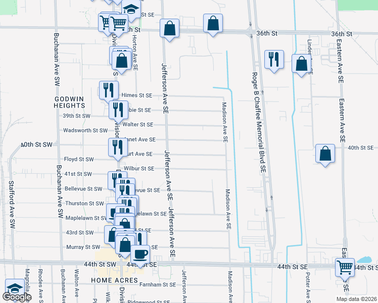 map of restaurants, bars, coffee shops, grocery stores, and more near 247 Burt Avenue Southeast in Grand Rapids