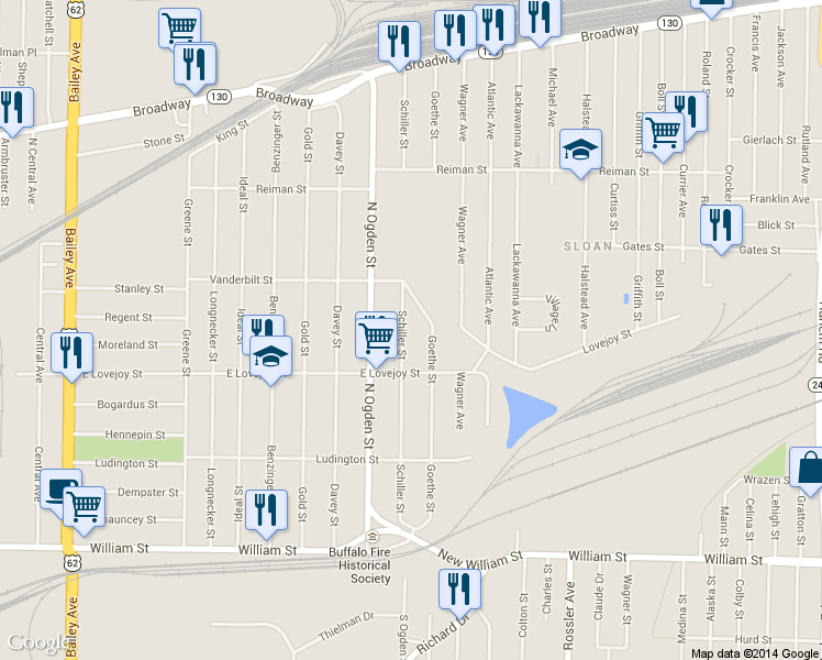 map of restaurants, bars, coffee shops, grocery stores, and more near 219 Schiller Street in Buffalo