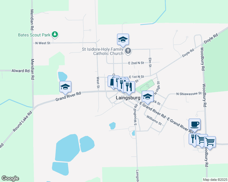 map of restaurants, bars, coffee shops, grocery stores, and more near West Grand River Road in Laingsburg