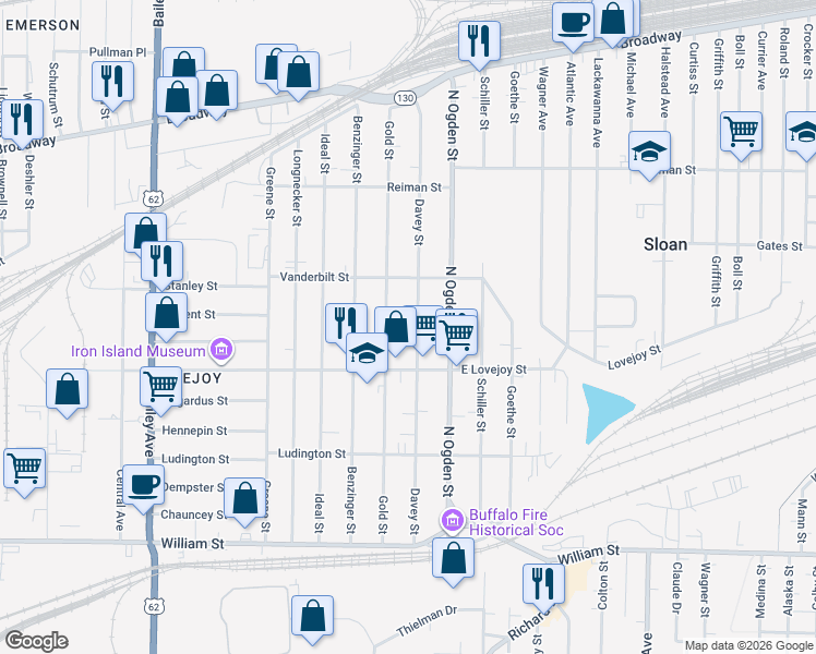 map of restaurants, bars, coffee shops, grocery stores, and more near 228 Davey St in Buffalo