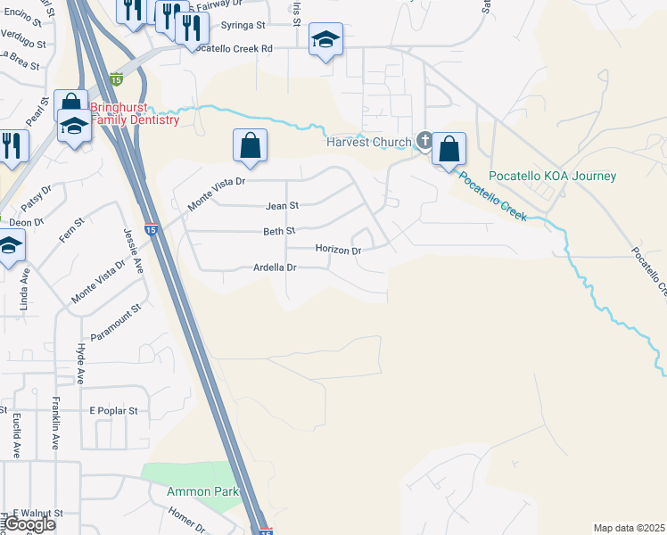 map of restaurants, bars, coffee shops, grocery stores, and more near 2010 Ardella Drive in Pocatello