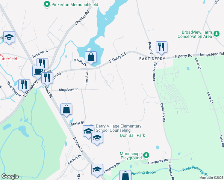 map of restaurants, bars, coffee shops, grocery stores, and more near 10 Pine Isle Drive in Derry